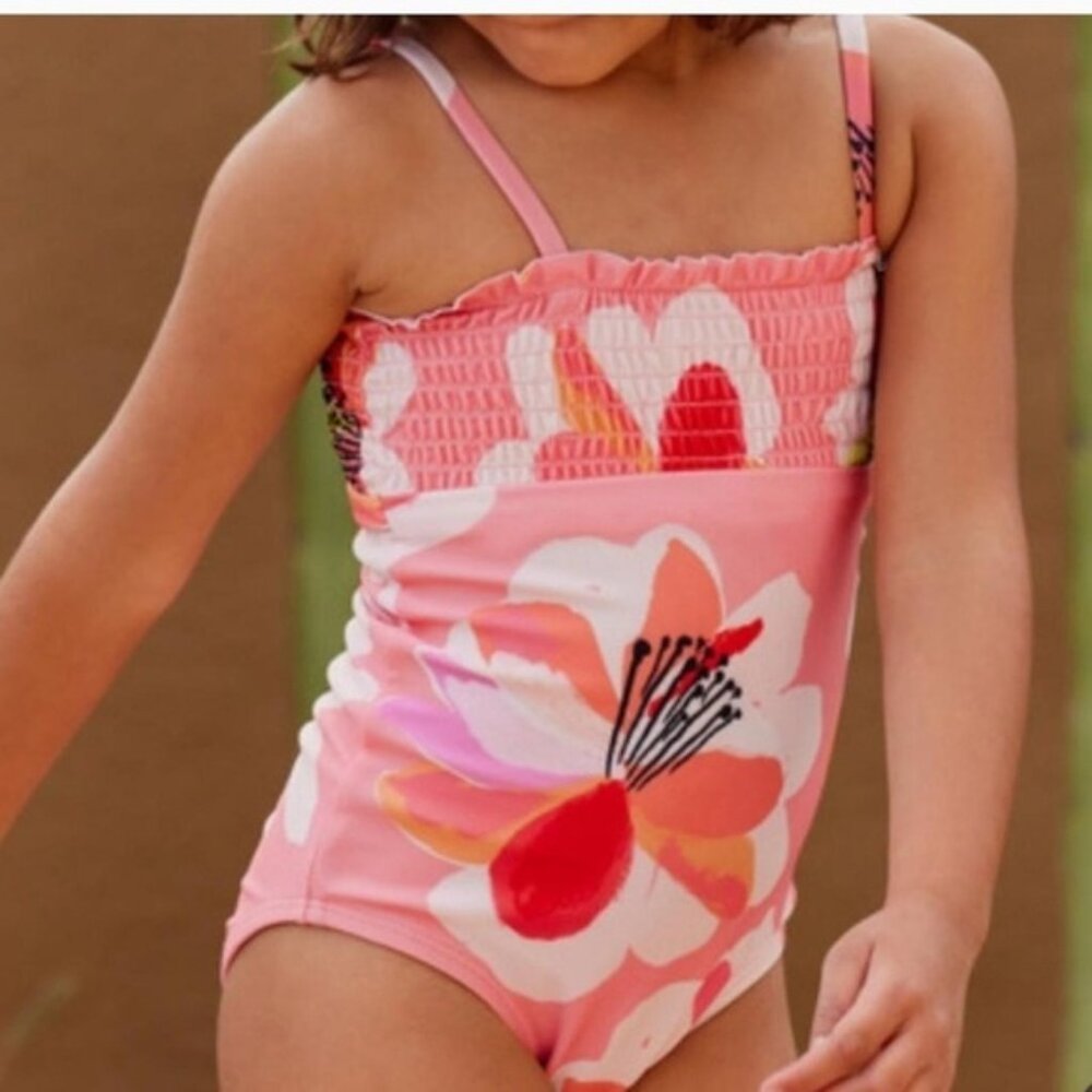 Tea Collection | Pink Floral Smocked One-Piece Swimsuit | Size 10
